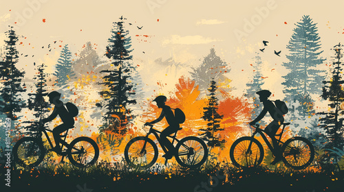 Silhouetted family biking in forest. © Natali08