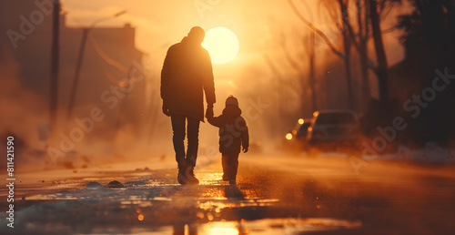 Silhouette of father and son walking hand in hand in the smoggy sunset photo