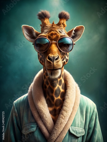 a giraffe wearing sunglasses and a scarf with a scarf that says giraffe. © Abanop