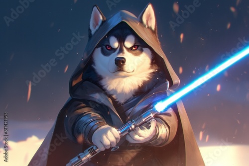 A funny Siberian Husky, dressed in a Space Warrior Costume, in a hood, holds a blue sword. Pet costume concept, cosplay