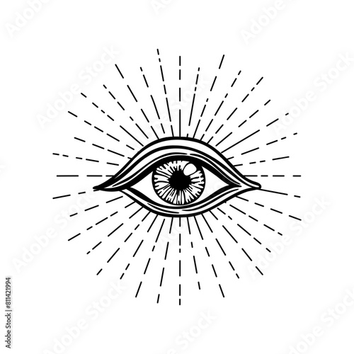 Blackwork tattoo flash. Eye of Providence. Masonic symbol. All seeing eye inside triangle pyramid. New World Order. Sacred geometry, religion, spirituality, occultism. Isolated vector illustration