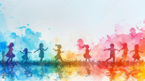 Silhouette of children playing with watercolor background.