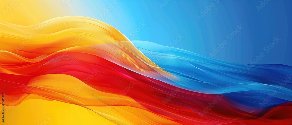 Vivid hues of blue, red, and yellow dance across the abstract background, creating a vibrant display.