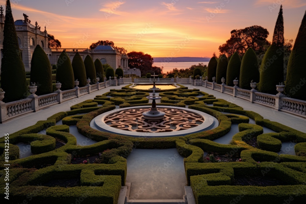 Obraz premium The Golden Hour Over an Opulent Baroque Palace Garden with Intricate Fountains and Statues