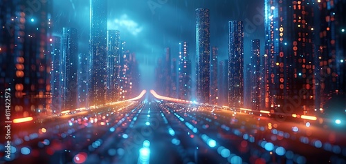 Abstract highway path through digital binary towers in city. 3D rendering Concept of big data  machine learning  artificial intelligence  hyper loop  virtual reality  high speed network