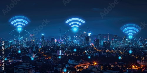 Modern city with wireless network connection and city scape conceptWireless network and Connection technology concept with city background at night  © ALI