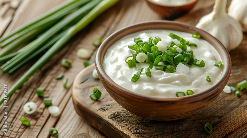 A bowl of tasty sour cream adorned with fresh green chives close-up. Inviting creamy cream on the scene that awakens your appetite in a delicious dish. A bowl of tasty sour cream adorned with fresh green chives close-up. Inviting creamy cream on the scene that awakens your appetite in a delicious dish.