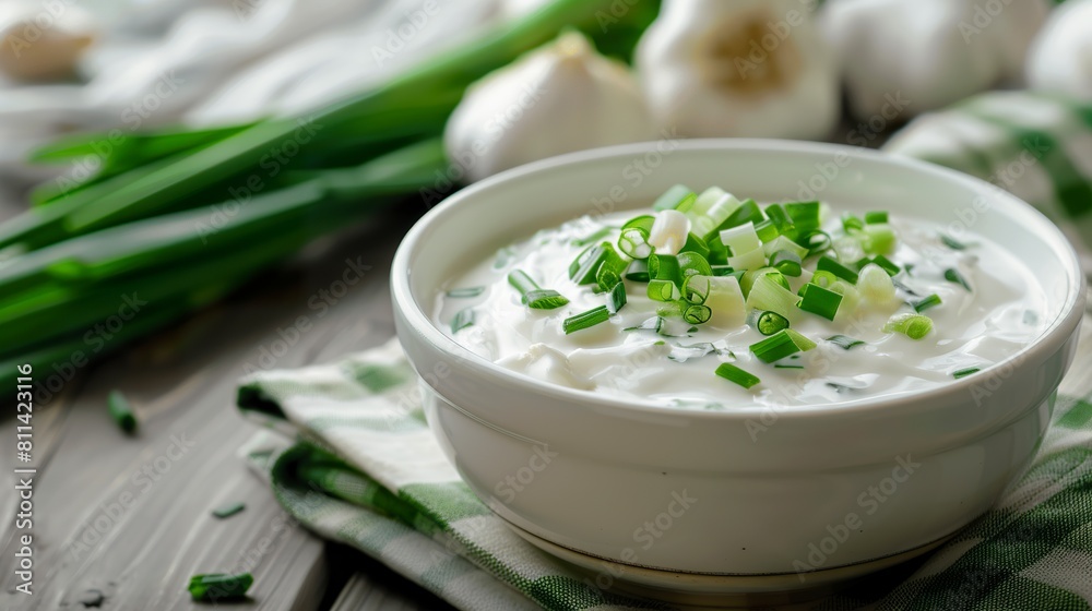 A bowl of tasty sour cream adorned with fresh green chives close-up. Inviting creamy cream on the scene that awakens your appetite in a delicious dish.