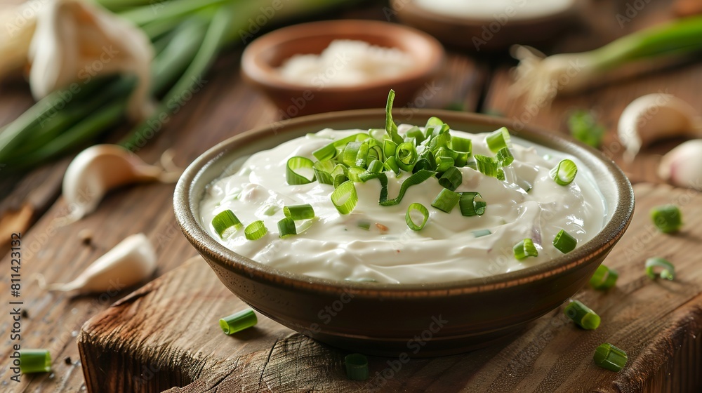 A bowl of tasty sour cream adorned with fresh green chives close-up. Inviting creamy cream on the scene that awakens your appetite in a delicious dish. A bowl of tasty sour cream adorned with fresh green chives close-up. Inviting creamy cream on the scene that awakens your appetite in a delicious dish.