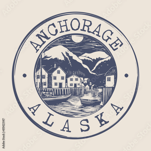 Anchorage, Alaska Stamp City Postmark. Silhouette Postal Passport. Round Vector Icon. Vintage Postage Design.	
