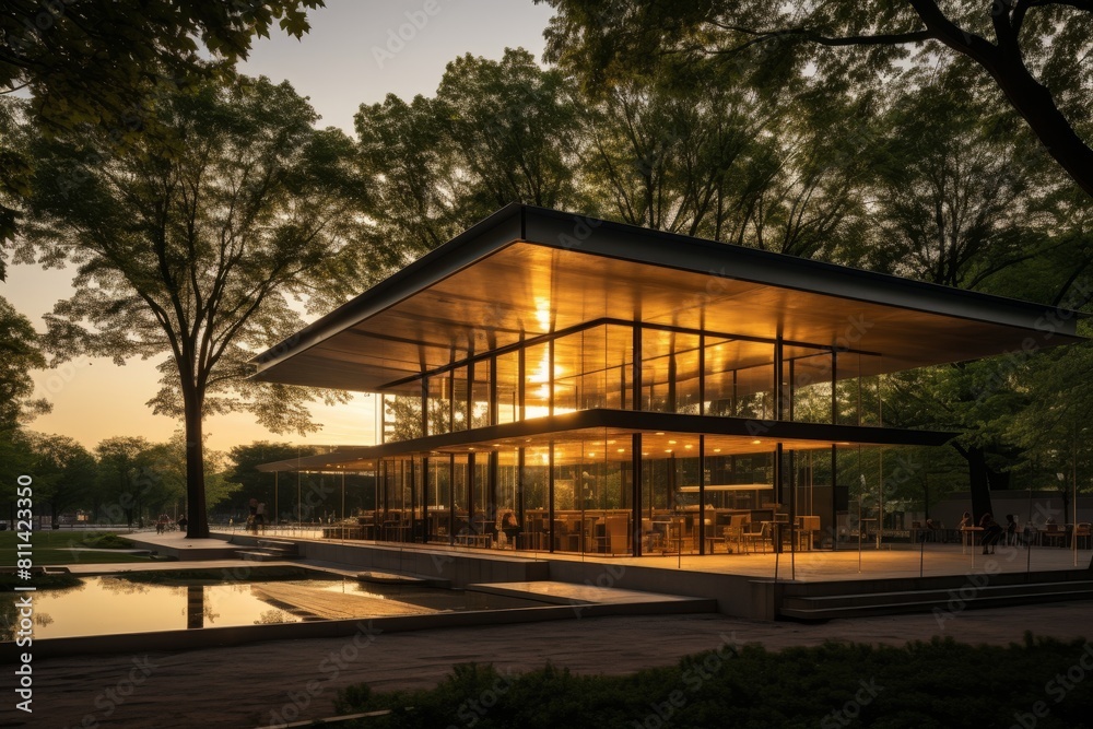 An Architectural Marvel: The Urban Park Pavilion Bathed in the Warm Hues of Sunset An Architectural Marvel: The Urban Park Pavilion Bathed in the Warm Hues of Sunset
