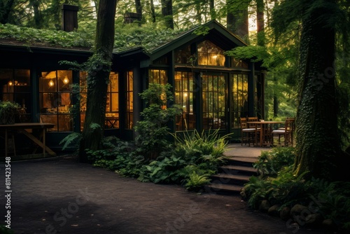 A Cozy Retreat: An Enchanting Forest Cafe Surrounded by Dense Foliage and Dappled with Morning Sunlight