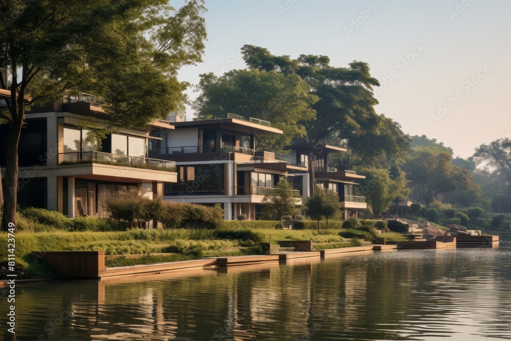 Luxury Living by the River: An Artistic Depiction of Riverside Villas Amidst Verdant Nature