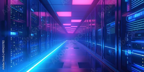 Data Center Server Room Mainframe devices on racks in room with big data photo