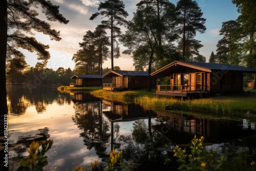 Rustic Cabins Hidden in Dense Forests with a Stunning Lake View at Dusk