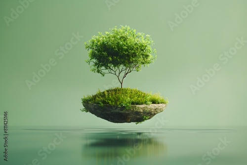  A small tree is floating on a body of water. Concept of tranquility and peace  as the tree seems to be suspended in mid-air  surrounded by the calm waters