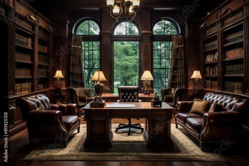 Sophisticated Workspace Featuring a Rosewood Office with Antique Wooden Furniture and Book-filled Shelves