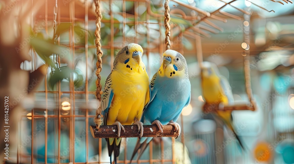 Obraz premium A birdcage with perches, swings, and mirrors, providing a playful environment for a pair of parakeets