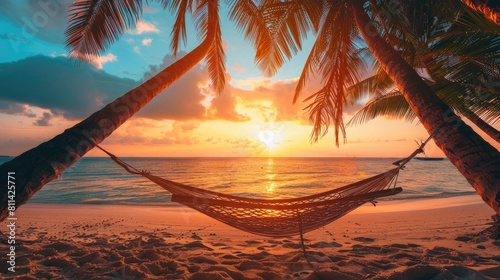 Hammock Between Palm Trees on a Beach at Sunset © sania