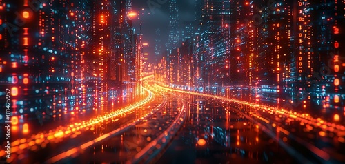 Abstract highway path through digital binary towers in city. 3D rendering Concept of big data  machine learning  artificial intelligence  hyper loop  virtual reality  high speed network