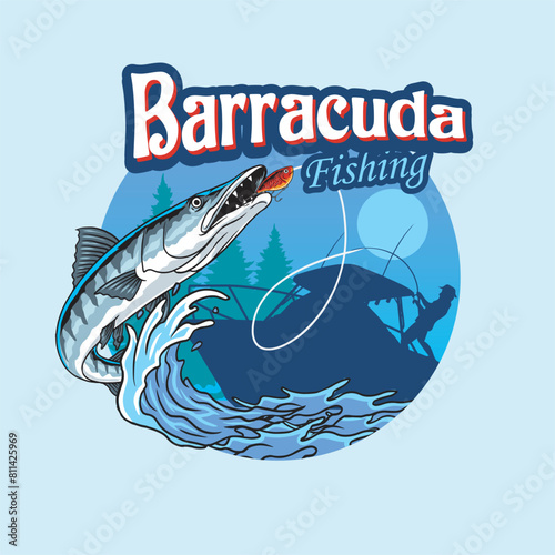 Vector Illustration of Barracuda Fish with Fishing Bait and Waves with Vintage Illustration Available for Fishing Badge