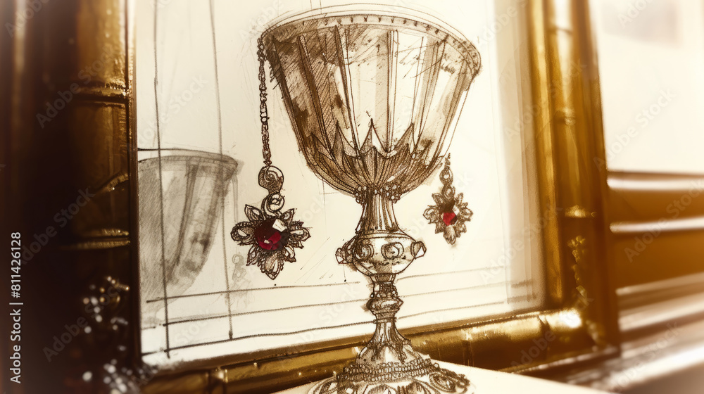 Antique Goblet Design Drawing with Jeweled Earrings