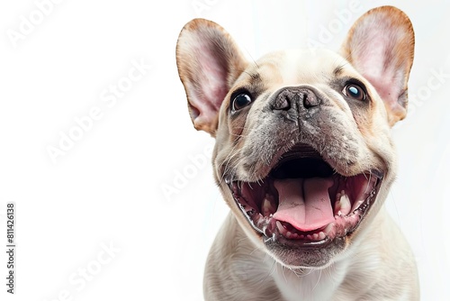 A closeup of a white and brown French Bulldog midbark, showing excitement and movement, isolated on a white background photo