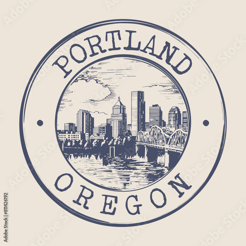 Portland, Oregon Stamp City Postmark. Silhouette Postal Passport. Round Vector Icon. Vintage Postage Design.	
