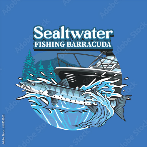 Vector Illustration of Barracuda Fish with Boat and Waves with Vintage Illustration Available for Fishing Badge