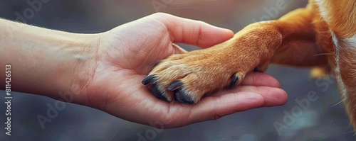 A dogs paw with a heart marking touching a human hand, embodying the connection and care between them