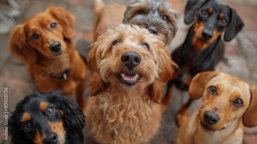 A group of dogs, including a golden retriever, a dachshund, a poodle, and a beagle, all looking up eagerly together