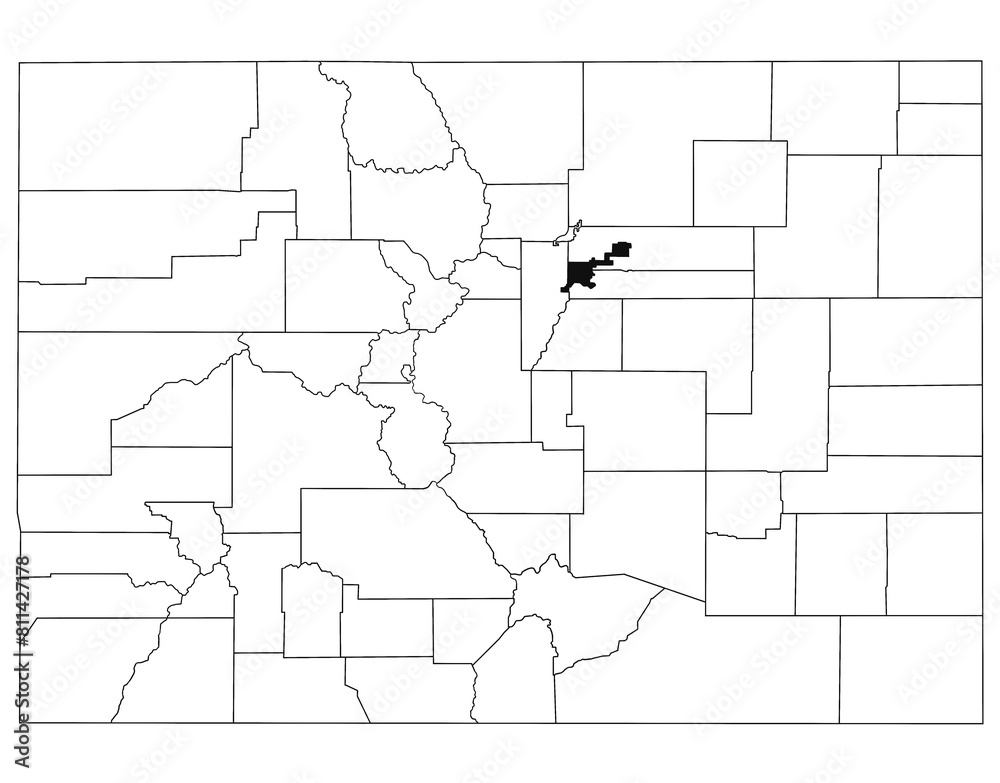 Map of Denver County in Colorado state on white background. single County map highlighted by black colour on Colorado map. UNITED STATES, US
