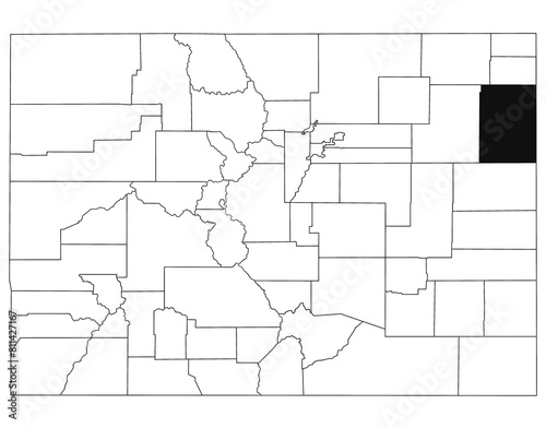 Map of Yuma County in Colorado state on white background. single County map highlighted by black colour on Colorado map. UNITED STATES, US photo