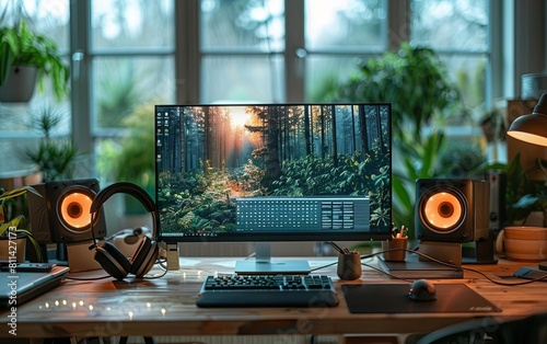 A home office setup with dual monitors, noisecanceling headphones, and a digital calendar on display photo