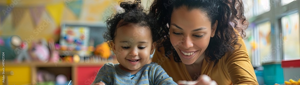 A kindergarten teacher helping a child with an art project at a colorful craft table