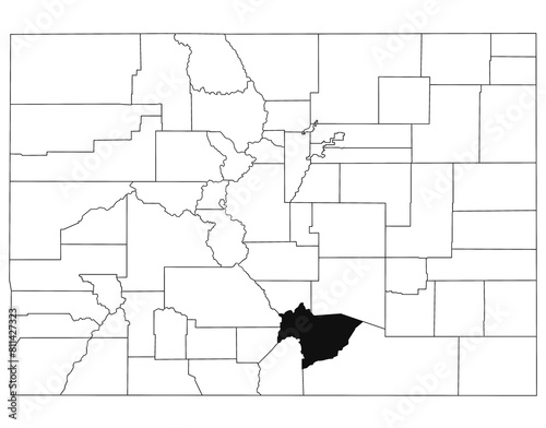 Map of huerfano County in Colorado state on white background. single County map highlighted by black colour on Colorado map. UNITED STATES, US photo