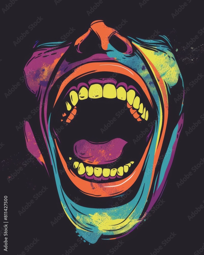 A person with mouth and teeth wide open in a vibrant tshirt design graphic