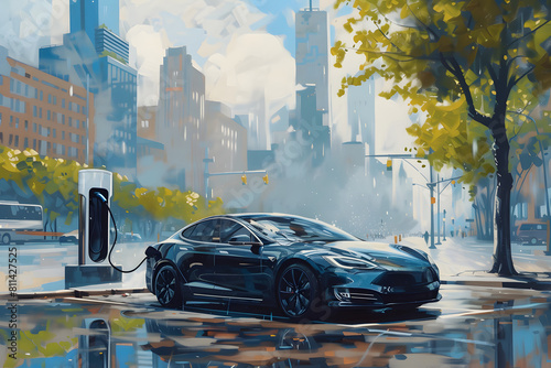 EV electric car drawing Charging in the city, clean energy
