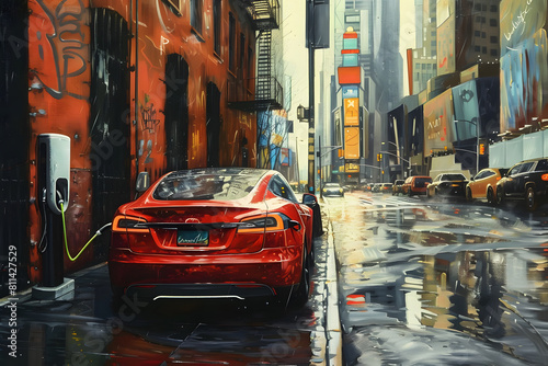 EV electric car drawing Charging in the city, clean energy
