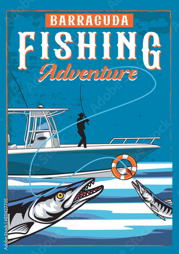Vector Illustration of Fisherman Catching Barracuda Fish on The Boat with Vintage Illustration Available for Poster