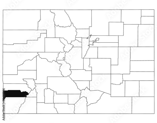 Map of Dolores County in Colorado state on white background. single County map highlighted by black colour on Colorado map. UNITED STATES, US photo