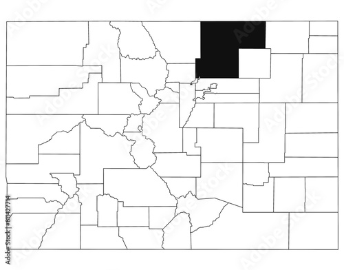 Map of weld County in Colorado state on white background. single County map highlighted by black colour on Colorado map. UNITED STATES, US photo