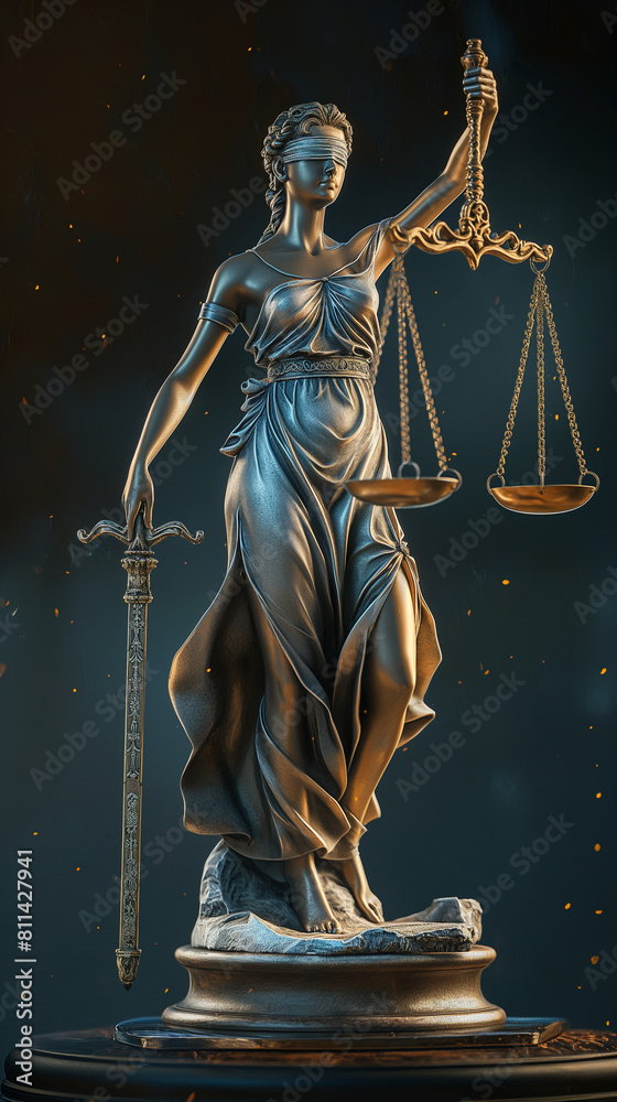 Lady Justice with scales and sword on a background with bokeh lights with copy space. Justice and judicial concept Lady Justice with scales and sword on a background with bokeh lights with copy space. Justice and judicial concept
