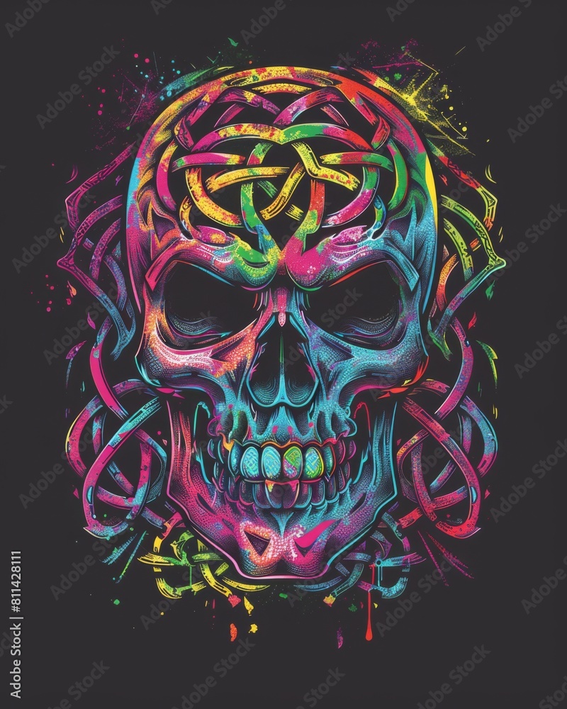 A skull adorned with intricate Celtic knotwork and tribal patterns in a rainbow of colors