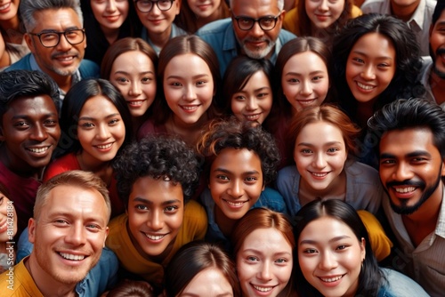 Crowd of smiling happy people looking up  multi ethnic diverse group team