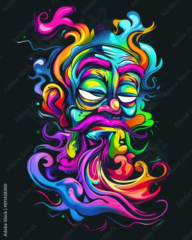 Colorful drawing of a mans face features on a black background, ideal for t-shirt graphic design