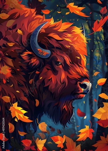 Majestic Bison in Autumn Forest Headshot
