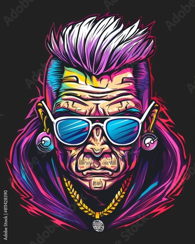 A man with purple hair and sunglasses  exuding an air of sophistication in a vibrant vector illustration