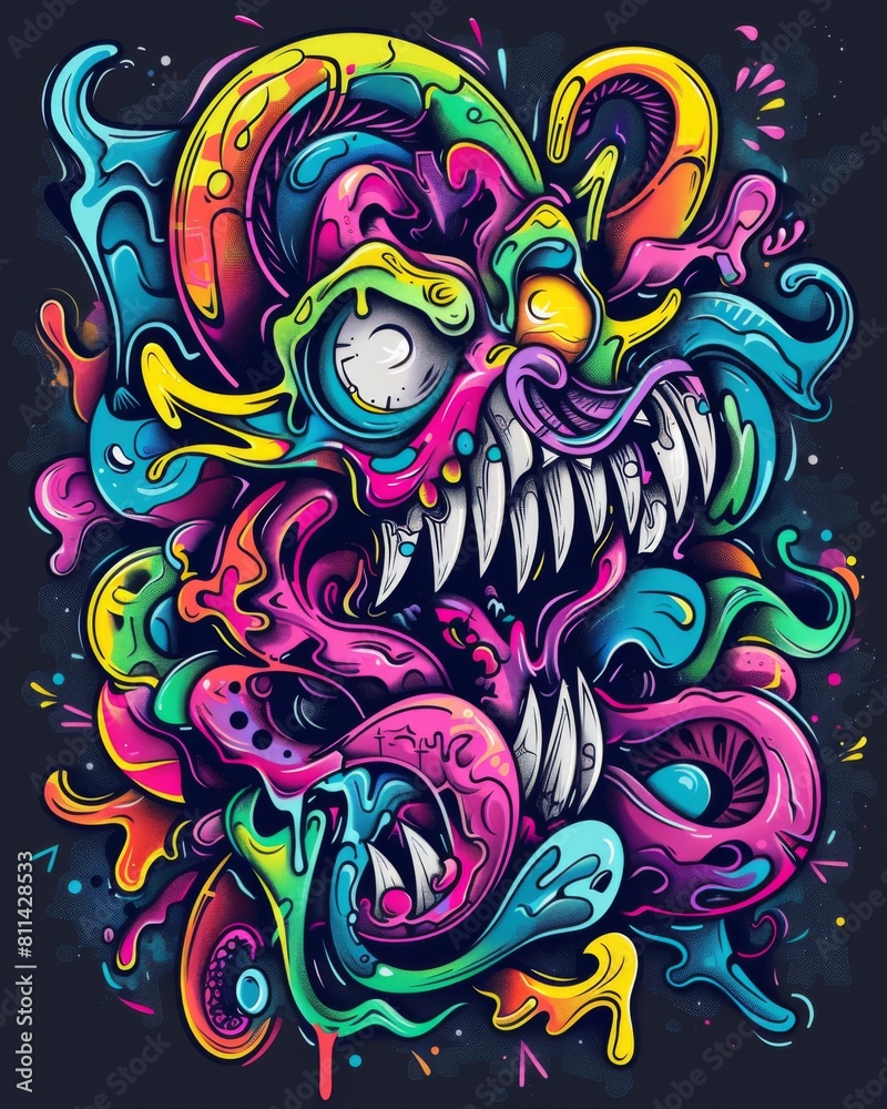 Colorful drawing of a monster with a large mouth, vibrant colors against a black background