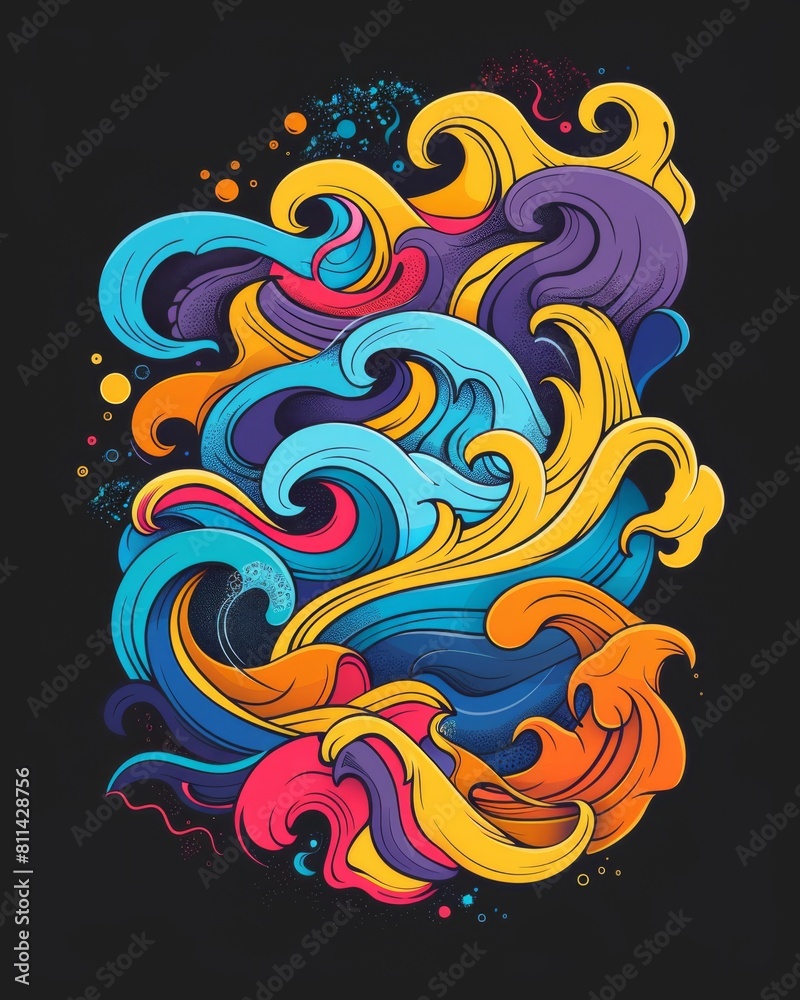 Vibrant waves of color dance across a black canvas in this dynamic drawing Vibrant waves of color dance across a black canvas in this dynamic drawing